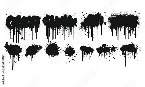 Urban spray paint vector texture with dried drips and splatters. Grungy stencil background for street art. Artistic black paint spots, messy splashes, and graffiti spray mockup, stencil design