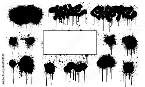 Grunge urban stencil vector with graffiti spray paint texture. Dried drips, splatters, and black paint spots on messy background. Artistic stencil mockup for street art, spray paint decoration