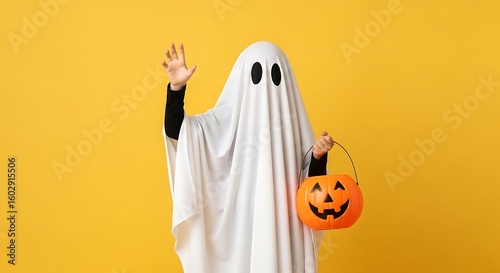 Child in a classic ghost costume holding a halloween pumpkin trick or treat bucket