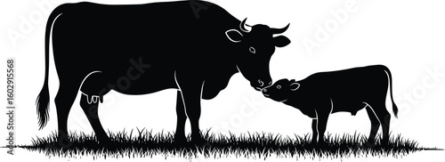 Cow and calf silhouette in field, peaceful farm animal scene, mother and baby bond, black vector illustration, nature, rural life
