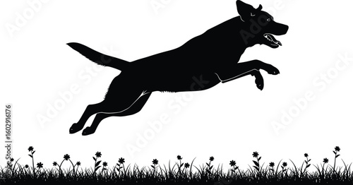 Energetic dog leaping in nature scene, black silhouette, floral grass background, animal motion, outdoor playtime, vector pet artwork, joyful agility