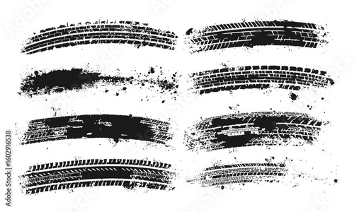 Isolated black tire marks and tread prints with grunge splashes, vector wheel textures for motocross, rally, drift, off-road, dirt, speed, skid effects, vehicle trails, and race track backgrounds.