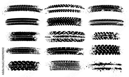 Vector tire tread textures with isolated wheel prints, black monochrome splashes, and grunge effect for motocross, rally, off-road, drift, dirt trails, motorcycle scratches, car skids