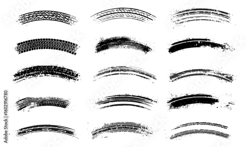 Tire skid marks and wheel tracks for rally, motocross, drift, drag racing, and off-road vehicles. Vector monochrome grunge splashes and tire tread patterns for automotive and motorcycle design
