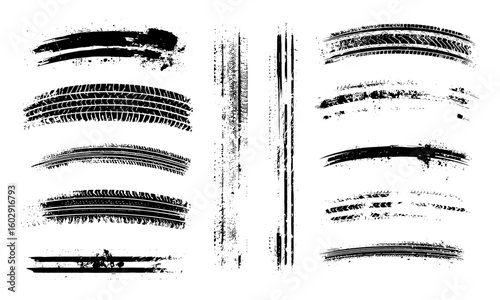 Vector wheel tread textures and tire marks in black and white. Racing skid patterns, motocross tracks, drag racing, rally, drift, off-road splashes, grunge tire prints illustration set