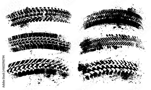 Monochrome tire tread marks with grunge splashes, isolated wheel texture for rally, motocross, drift, off-road, and races. Vector graphic set with black skid prints, dirt, mud, speed