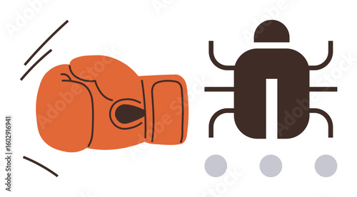 Boxing glove hitting a bug, representing combating technical issues, challenges, and threats. Ideal for technology, cybersecurity, competition, resilience, problem-solving innovation simple flat