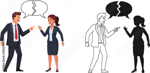 Illustration of conflict between business people arguing with broken speech bubbles