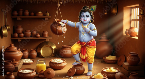 Beautiful collection of Krishna Janmashtami-themed images featuring Lord Krishna, Bal Gopal, flute (bansuri), peacock feather, dahi handi, matki, makhan, Radha Krishna, Indian temples, traditional swe