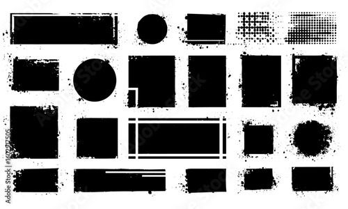 Grunge style geometric shapes with torn edges and halftone splashes, featuring circles, squares, and rectangles. Universal text callouts, template stickers, vector graphic boxes, jagged