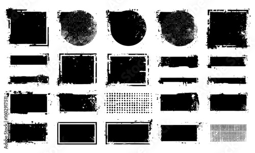 Universal geometric shapes in halftone and grunge effects with torn sides and splash textures. Includes circles, rectangles, squares, template stickers, vector boxes, badges, rough edges