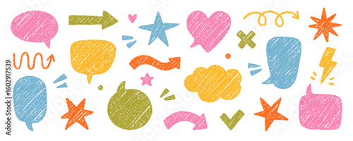 Chalk pencil speech bubbles, arrows and ribbons doodle set. Crayon communication frame, comic talk balloon in sketch style, Grunge texture. Hand drawn vector illustration isolated on white background