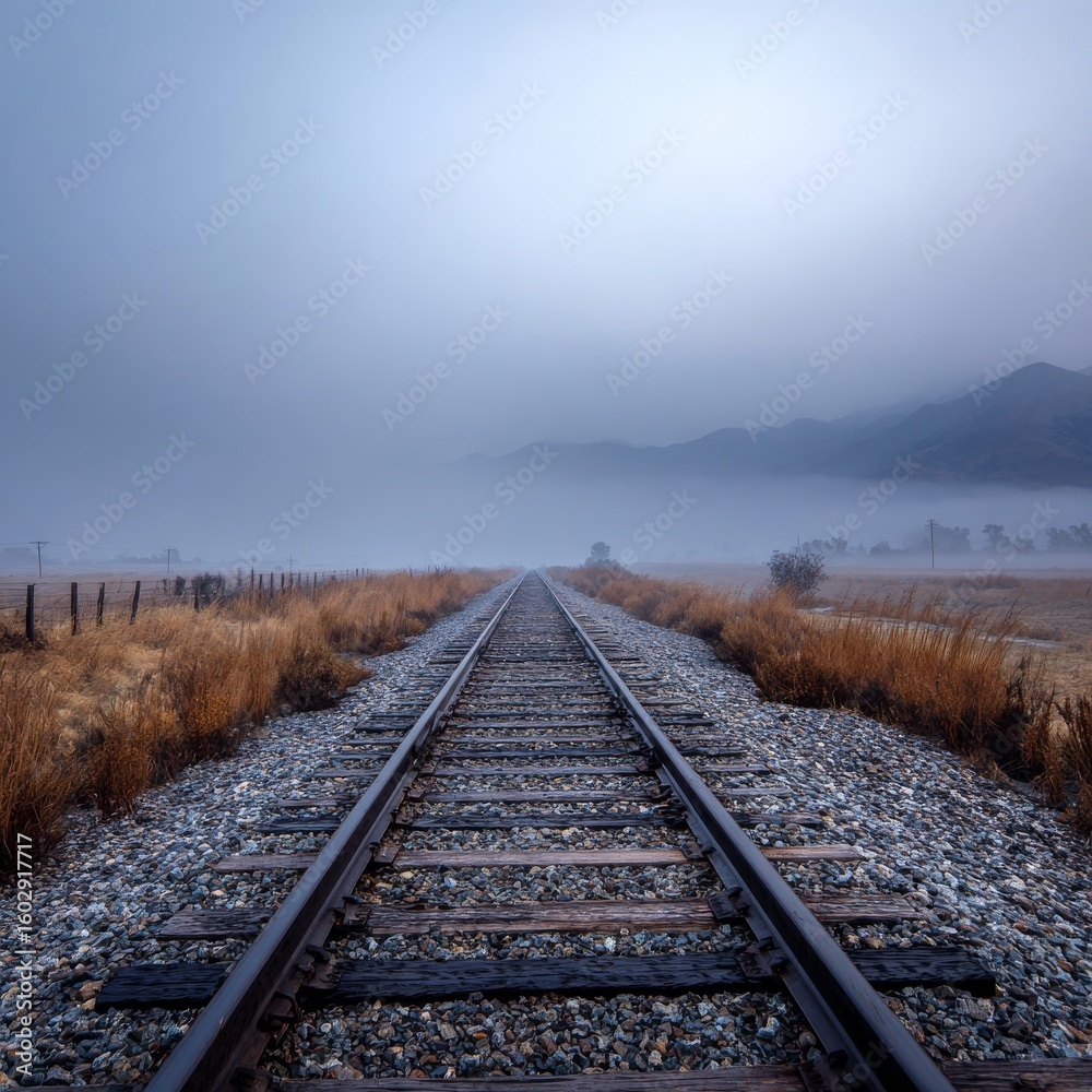 Fototapeta premium Foggy Railroad Tracks Stretching into the Misty Distance
