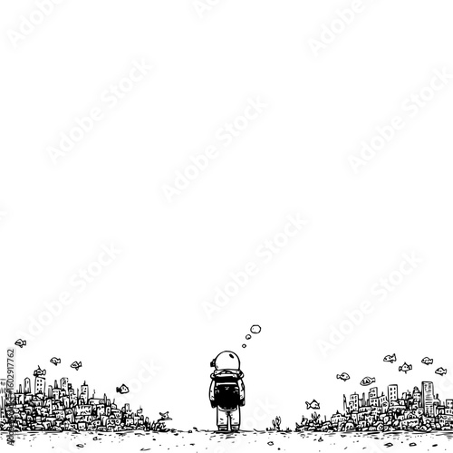 A lone astronaut stands on a seabed facing underwater cities teeming with marine life and coral reefs