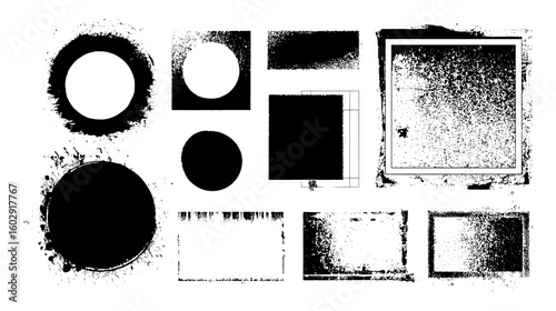 Universal geometric shapes in halftone and grunge effects with torn sides and splash textures. Includes circles, rectangles, squares, template stickers, vector boxes, badges, rough edges
