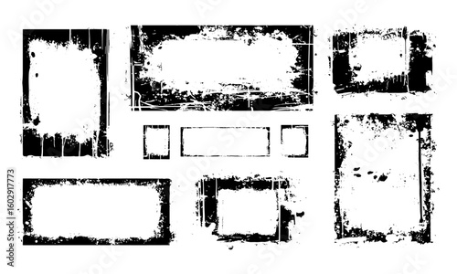 Torn spray paint frames and grunge callouts featuring jagged edges, rectangles, squares, splash effects, and vintage graffiti style. Vector set includes stencil shapes, badges, textures