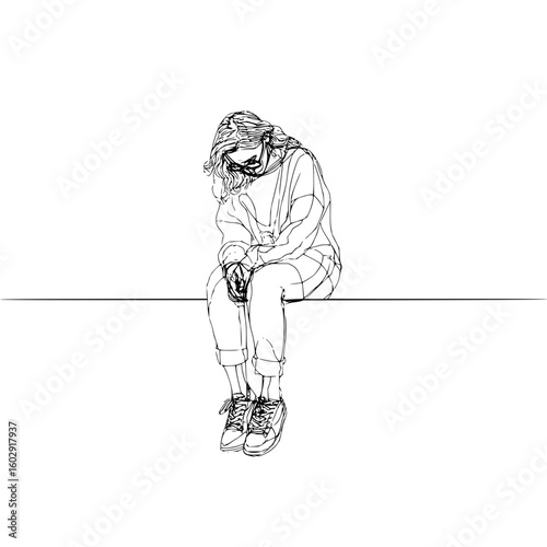 A woman with glasses and sweatshirt sitting on a ledge looking down in a sketch like black and white image