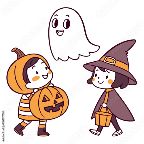 Illustration of two children in halloween costumes with a ghost floating above them smiling happily