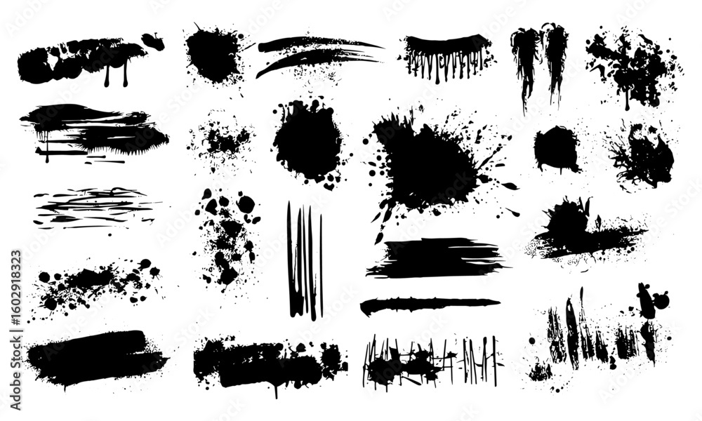 High quality vector black ink splashes, spray, brush strokes, drips, and graffiti lines in rough grunge style. Hand-drawn dirty paint graphics with stencil, frames, backgrounds, and texture effects