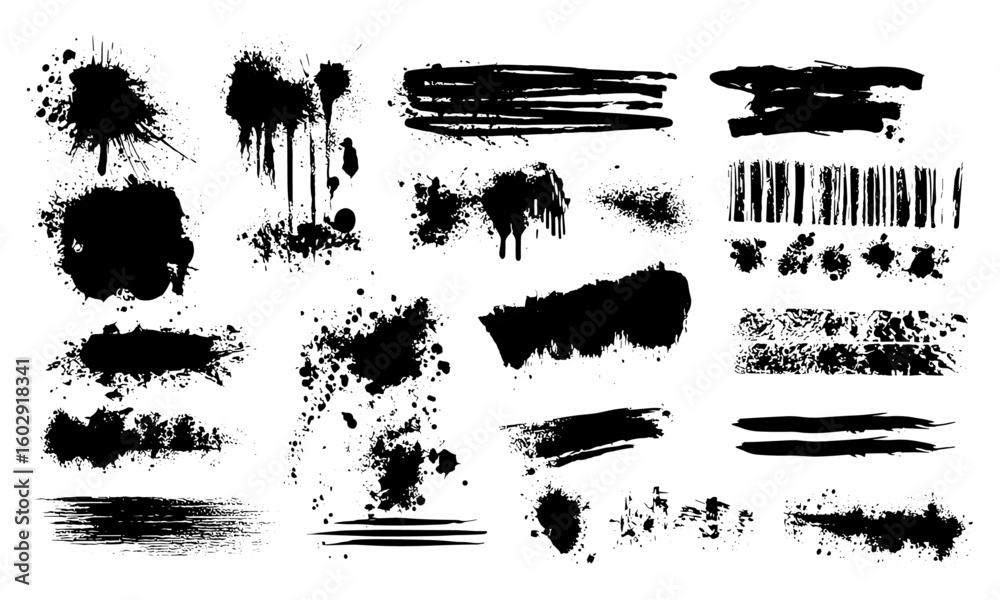 Vector collection of grunge black paint strokes, sprays, ink splashes, drips, and graffiti lines. Hand-drawn dirty textured elements with stencil, frames, backgrounds, and scratchy brush designs