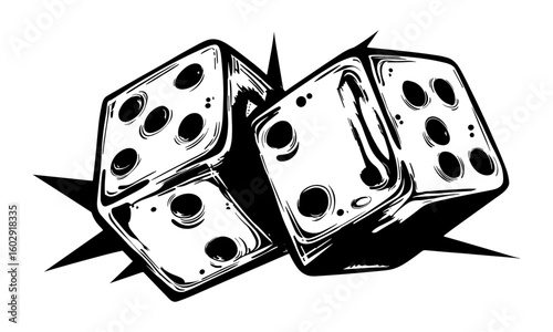 Edgy monochrome vector of two dice in bold street art flash tattoo style capturing chance, risk, and random luck – a retro urban gaming symbol for apparel print, custom dice tattoo stencil