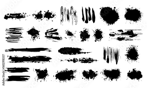 Black spray paint splatter, brushstroke, and ink drip graphics set in messy grunge style. Handwritten stencil textures, dirty backgrounds, vector box frames, distress effects, and artistic elements