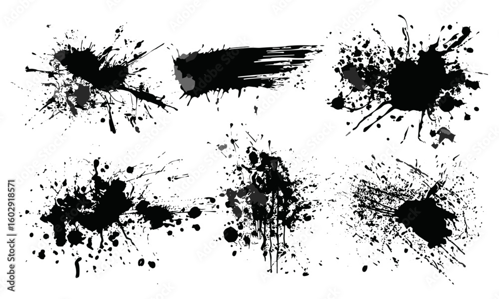 Fototapeta premium Black paintbrush strokes with dried splatter stains and ink blot textures. Abstract grunge splashed ink stencil for graphic design, vector illustration, textured backgrounds, drip effects, splash art.