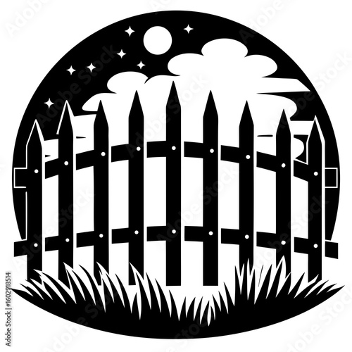 Nighttime picket fence scene with moon and stars