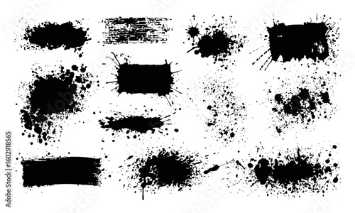 Dried black paint splattered with ink brush stroke textures and grunge stencil art. Isolated vector splashes, blot patterns, and drips for creative graphic design, abstract backgrounds, decoration.