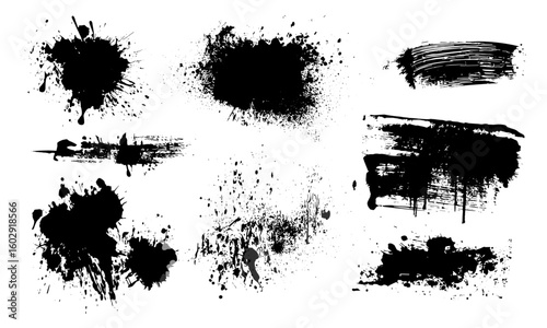Dried black paint splattered with ink brush stroke textures and grunge stencil art. Isolated vector splashes, blot patterns, and drips for creative graphic design, abstract backgrounds, decoration.
