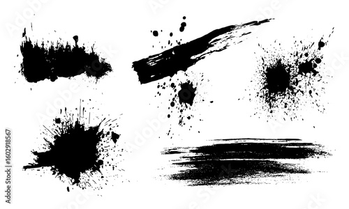 Artistic black dried paint splatter in grunge style. Isolated ink brush strokes and stencil textures for graphic design, callout text fields, abstract splash elements, vector drip pattern