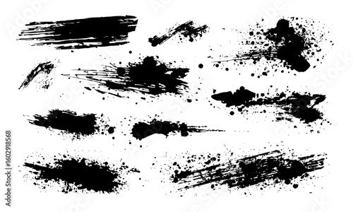 Black paintbrush strokes with dried splatter stains and ink blot textures. Abstract grunge splashed ink stencil for graphic design, vector illustration, textured backgrounds, drip effects, splash art.
