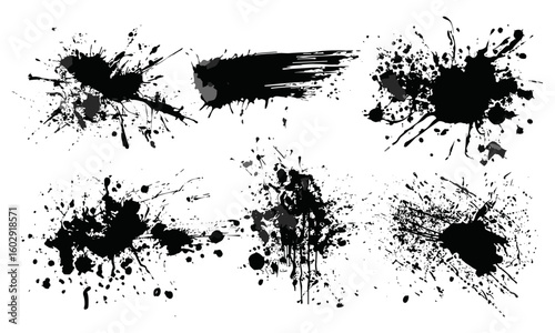 Black paintbrush strokes with dried splatter stains and ink blot textures. Abstract grunge splashed ink stencil for graphic design, vector illustration, textured backgrounds, drip effects, splash art.