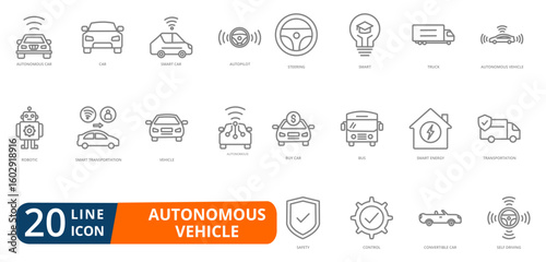 autonomous vehicle line icon set