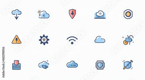 Cloud computing icon set with digital storage and server symbols for website, app UI and presentations