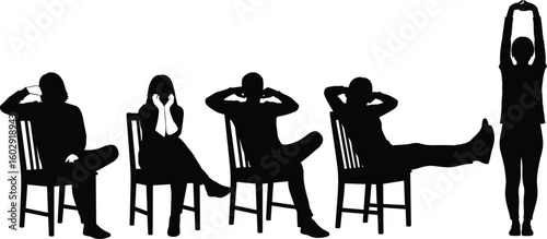 Office workers stretching and relaxing, healthy ergonomic habits, workplace wellness routine, seated posture breaks, black silhouette design, productivity, fitness, balance