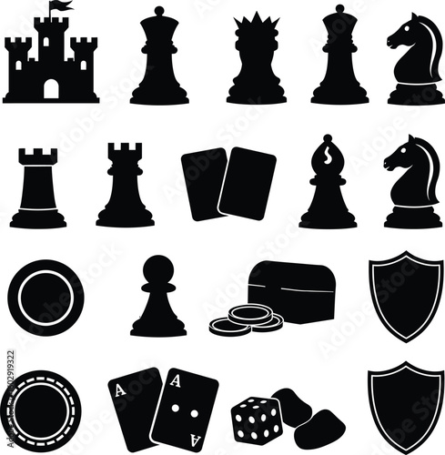 Game Night Essentials Vector Silhouette Collection - Chess Pieces, Playing Cards, Dice, and Casino Elements for Board Games and Strategy Concepts.
