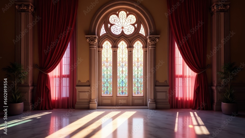 Obraz premium Grand hall with stained glass window and red curtains.