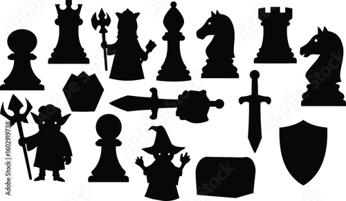 Diverse Fantasy and Traditional Chess Piece Silhouettes with Gaming Elements – Versatile Vector Set for Strategic Games, RPGs, and Creative Design Projects, Isolated.