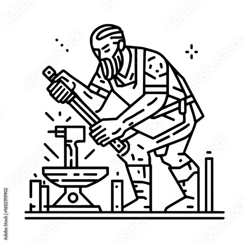Illustration of a blacksmith wearing a mask and overalls hammering metal on an anvil in a workshop area