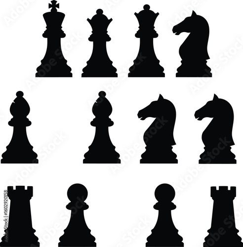 Complete Chess Pieces Silhouette Set Vector: Black King, Queen, Bishop, Knight, Rook, and Pawn – Monochrome Graphic Collection for Strategy, Game, Competition, Intellect, and Business Planning Concept