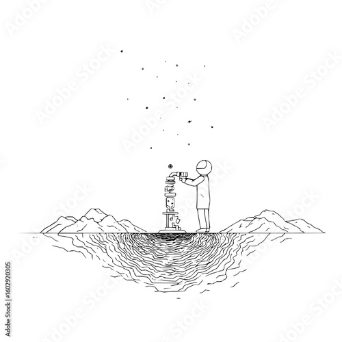 Astronaut on a desolate planet using a complex device under a starry sky in a monochrome illustration