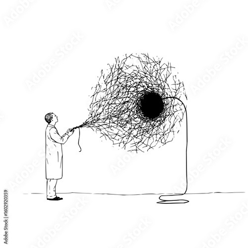 A scientist pulls a tangled mass of lines connected to a black hole with a long winding cord line