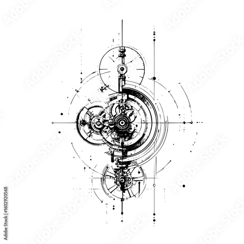 Detailed mechanical sketch featuring gears wheels and intricate clockwork components in a vertical arrangement