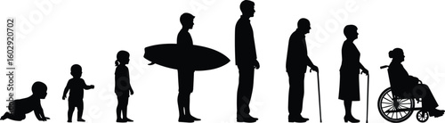 Silhouettes depicting human life stages progression, from infancy to elderly, growth and aging concept, black vector illustration, family diversity art