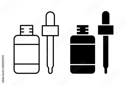 Dropper bottle icon set. Dropper serum or essential oil bottle with pipette icons. Dropper serum logo, label, badge, sticker, symbol, emblem, black, line, vector, isolated on white background.