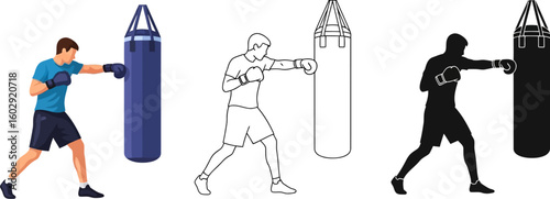Boxing training vector illustration of man punching bag fitness workout exercise sport