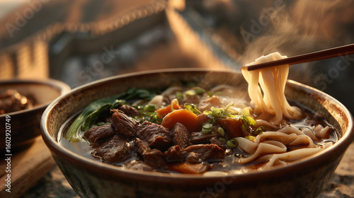 A close up shot of a bowl of steaming noodles with meat and vegetables held by chopsticks above it
