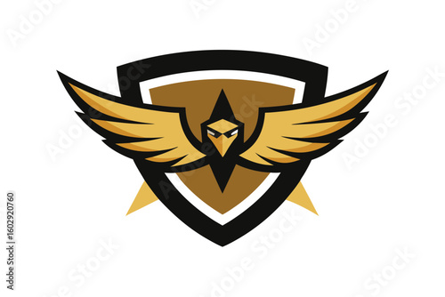 Hawk Head in Winged Shield with Gold Trim Design for Banner