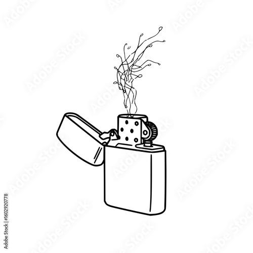 Illustration of an open lighter with smoke emanating from it in a simple black and white style